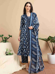 Cobalt Blue Block Print Cotton Anarkali Kurta, Solid Pants & Printed Dupatta Set